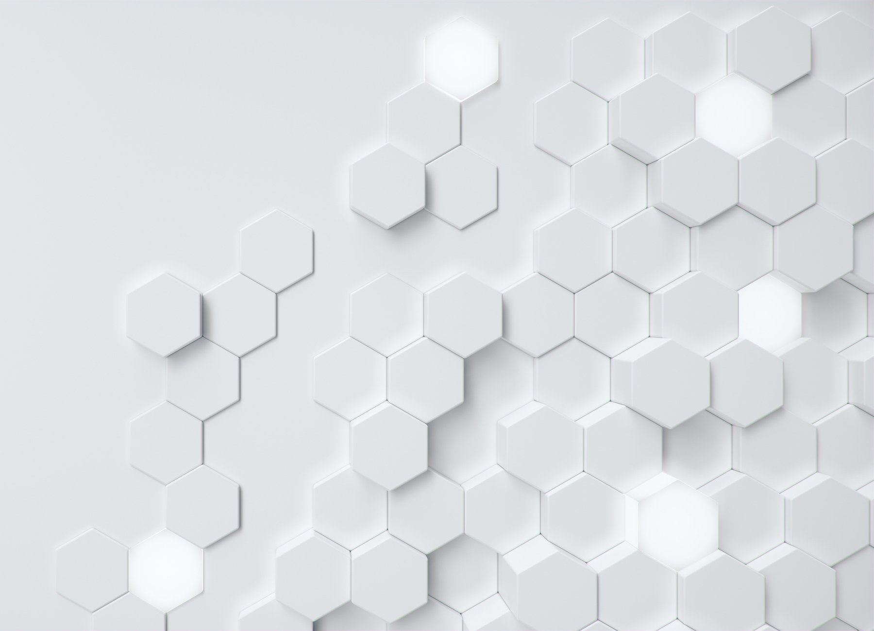 White geometric hexagonal abstract background. Surface polygon pattern with glowing hexagons, hexagonal honeycomb. Abstract white self-luminous hexagons.